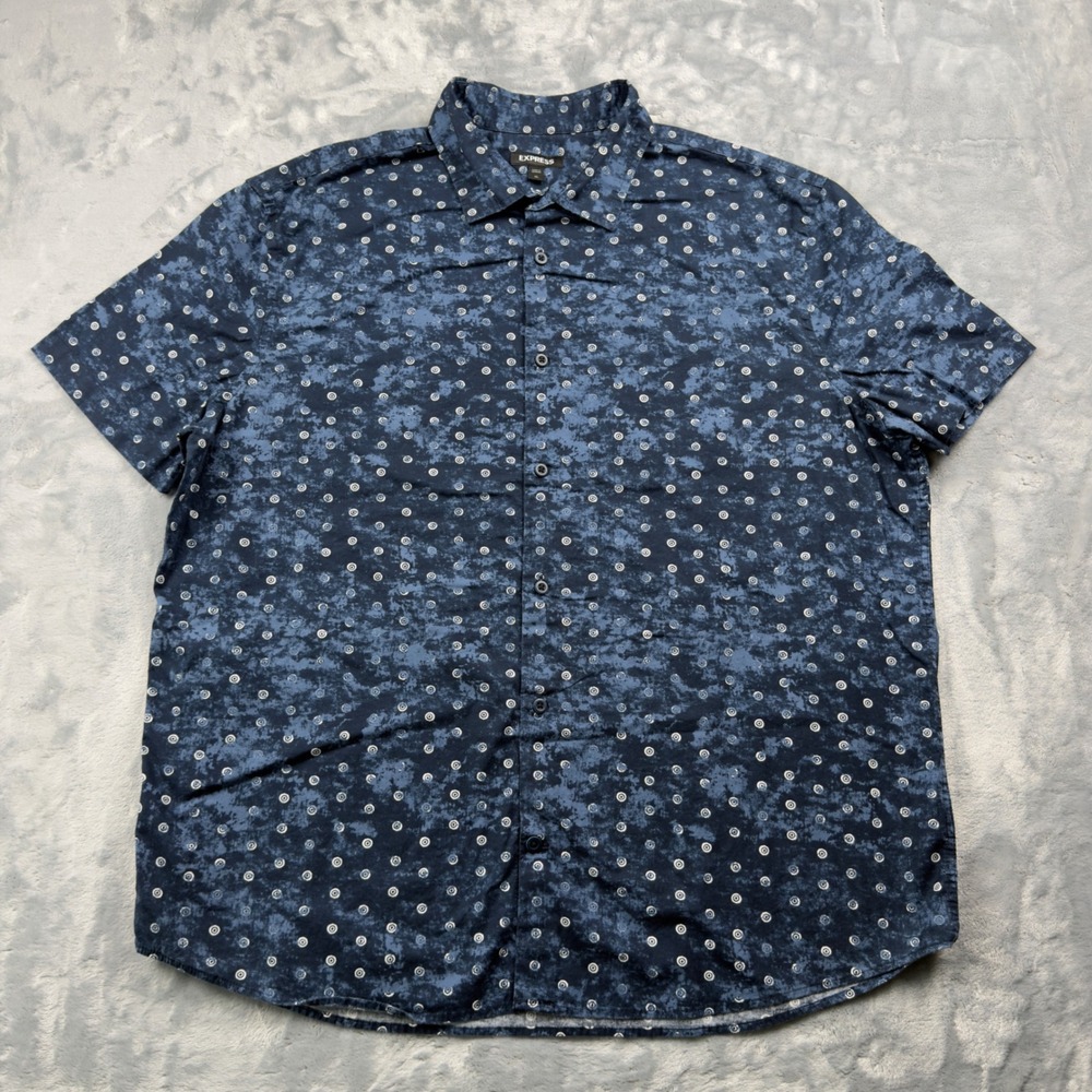 Express Mens XL Blue Distressed Circle Print Short Sleeve Button Up Shirt